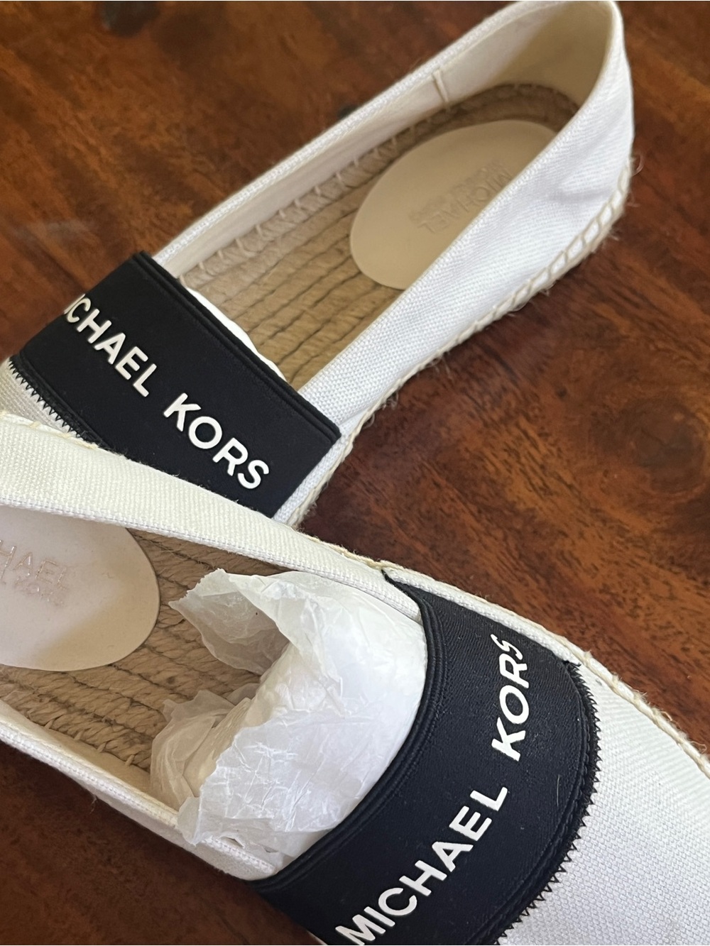 Michael Kors Size 8M White Espadrille Slip-On with Black Logo Band